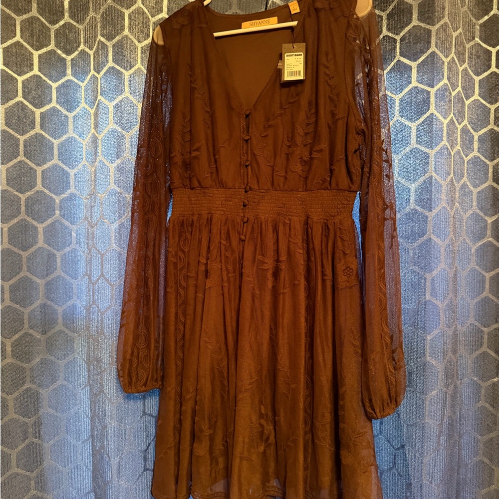 Shyanne Brown Smocked V-Neck Long Sleeve Dress